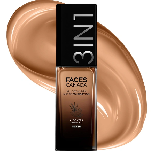 Faces Canada All Day Hydra Matte Liquid Foundation 30ml, Warm Sand 042 | 3-in-1 Foundation + Moisturizer + SPF 30 | Aloe Hydration, Vitamin C, 10Hr Long Wear Coverage