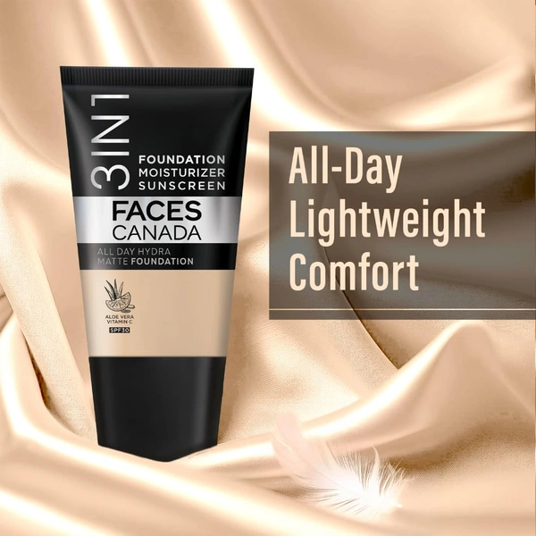 Faces Canada All Day Hydra Matte Liquid Foundation 18ml, Warm Natural 021 | 3-in-1 Foundation + Moisturizer + SPF 30 | Aloe Hydration, Vitamin C, 10Hr Long Wear Coverage