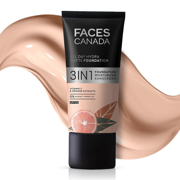 Faces Canada All Day Hydra Matte Liquid Foundation 30ml, Rose Ivory 011 | 3-in-1 Foundation + Moisturizer + SPF 30 | Aloe Hydration, Vitamin C, 10Hr Long Wear Coverage