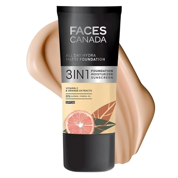 Faces Canada All Day Hydra Matte Liquid Foundation 30ml, Absolute Ivory 012 | 3-in-1 Foundation + Moisturizer + SPF 30 | Aloe Hydration, Vitamin C, 10Hr Long Wear Coverage