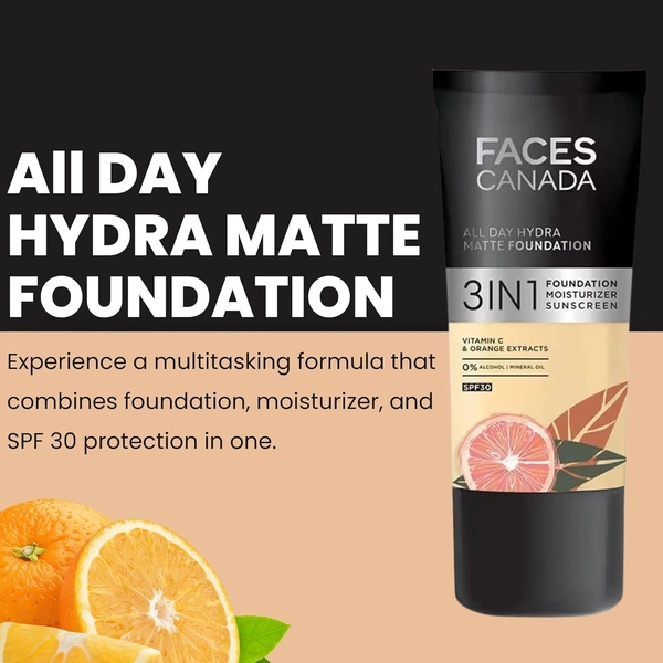 Faces Canada All Day Hydra Matte Liquid Foundation 30ml, Absolute Ivory 012 | 3-in-1 Foundation + Moisturizer + SPF 30 | Aloe Hydration, Vitamin C, 10Hr Long Wear Coverage