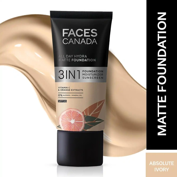 Faces Canada All Day Hydra Matte Liquid Foundation 30ml, Absolute Ivory 012 | 3-in-1 Foundation + Moisturizer + SPF 30 | Aloe Hydration, Vitamin C, 10Hr Long Wear Coverage