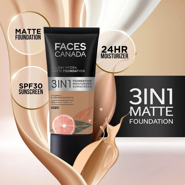 Faces Canada All Day Hydra Matte Liquid Foundation 30ml, Absolute Ivory 012 | 3-in-1 Foundation + Moisturizer + SPF 30 | Aloe Hydration, Vitamin C, 10Hr Long Wear Coverage