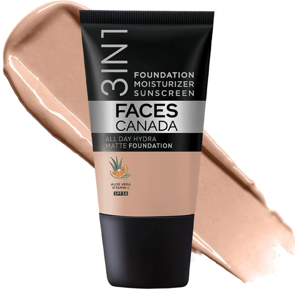 Faces Canada All Day Hydra Matte Liquid Foundation 18ml, Warm Natural 021 | 3-in-1 Foundation + Moisturizer + SPF 30 | Aloe Hydration, Vitamin C, 10Hr Long Wear Coverage