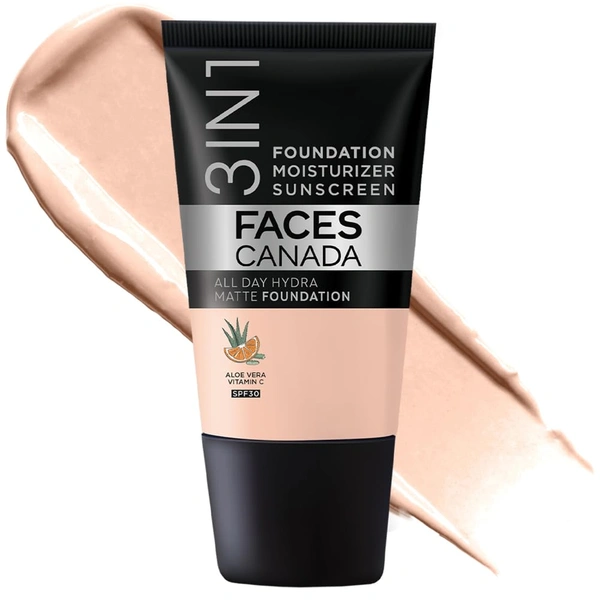 Faces Canada All Day Hydra Matte Liquid Foundation 18ml, Rose Ivory 011 | 3-in-1 Foundation + Moisturizer + SPF 30 | Aloe Hydration, Vitamin C, 10Hr Long Wear Coverage