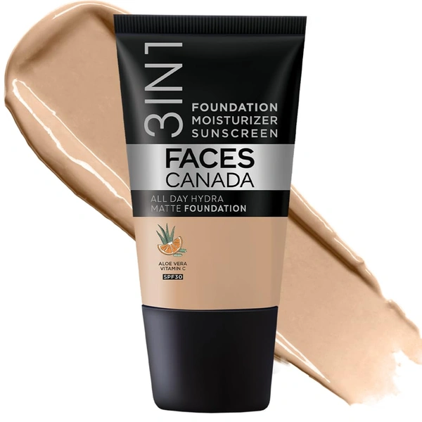 Faces Canada All Day Hydra Matte Liquid Foundation 18ml, Medium Natural 022 | 3-in-1 Foundation + Moisturizer + SPF 30 | Aloe Hydration, Vitamin C, 10Hr Long Wear Coverage
