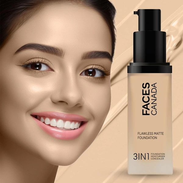 Faces Canada Flawless Matte Foundation Absolute Ivory 012 Shade 30ml | 3-in-1 Foundation, Moisturizer & Concealer | SPF 18 | 12Hr Hydration | HD Matte Coverage | Lightweight Anti-Ageing