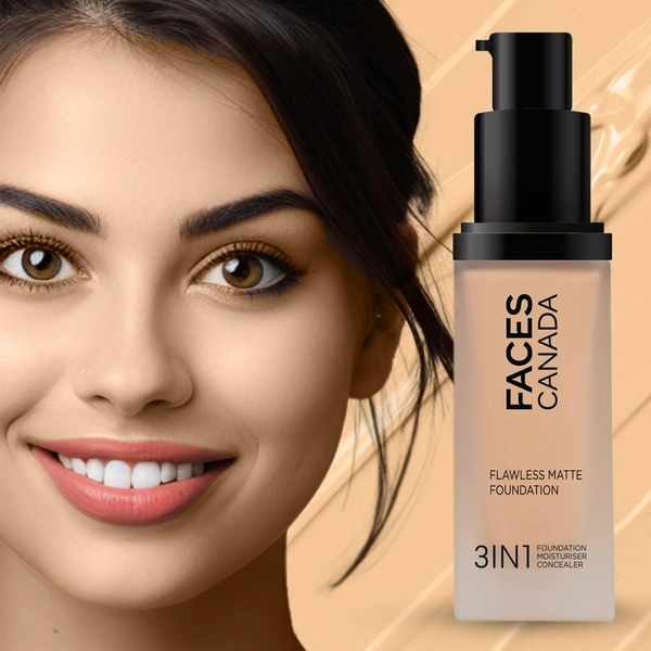 Faces Canada Flawless Matte Foundation Caramel Natural 023 Shade 30ml | 3-in-1 Foundation, Moisturizer & Concealer | SPF 18 | 12Hr Hydration | HD Matte Coverage | Lightweight Anti-Ageing