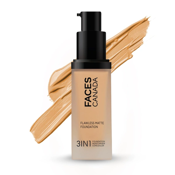 Faces Canada Flawless Matte Foundation Honey Beige 031 Shade 30ml | 3-in-1 Foundation, Moisturizer & Concealer | SPF 18 | 12Hr Hydration | HD Matte Coverage | Lightweight Anti-Ageing