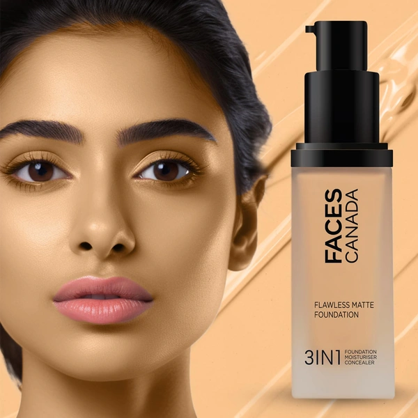 Faces Canada Flawless Matte Foundation Honey Beige 031 Shade 30ml | 3-in-1 Foundation, Moisturizer & Concealer | SPF 18 | 12Hr Hydration | HD Matte Coverage | Lightweight Anti-Ageing