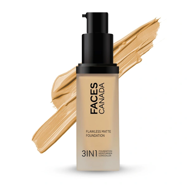 Faces Canada Flawless Matte Foundation Medium Natural 022 Shade 30ml | 3-in-1 Foundation, Moisturizer & Concealer | SPF 18 | 12Hr Hydration | HD Matte Coverage | Lightweight Anti-Ageing