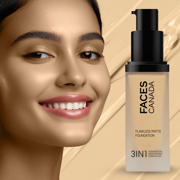 Faces Canada Flawless Matte Foundation Medium Natural 022 Shade 30ml | 3-in-1 Foundation, Moisturizer & Concealer | SPF 18 | 12Hr Hydration | HD Matte Coverage | Lightweight Anti-Ageing
