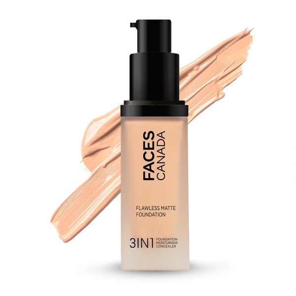 Faces Canada Flawless Matte Foundation Rose Ivory 011 Shade 30ml | 3-in-1 Foundation, Moisturizer & Concealer | SPF 18 | 12Hr Hydration | HD Matte Coverage | Lightweight Anti-Ageing