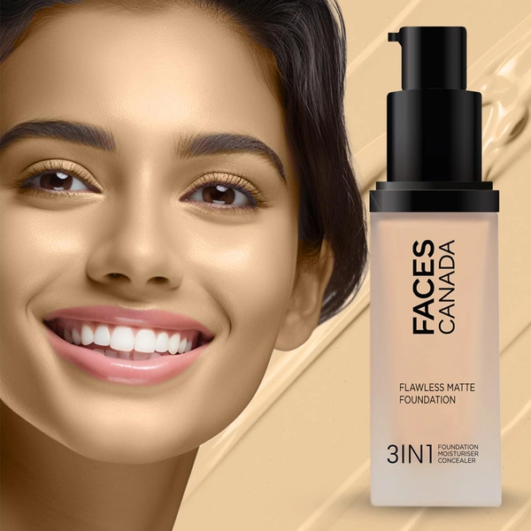 Faces Canada Flawless Matte Foundation Soft Sand 041 Shade 30ml | 3-in-1 Foundation, Moisturizer & Concealer | SPF 18 | 12Hr Hydration | HD Matte Coverage | Lightweight Anti-Ageing