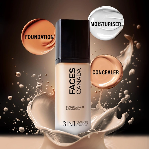 Faces Canada Flawless Matte Foundation Caramel Natural 023 Shade 30ml | 3-in-1 Foundation, Moisturizer & Concealer | SPF 18 | 12Hr Hydration | HD Matte Coverage | Lightweight Anti-Ageing