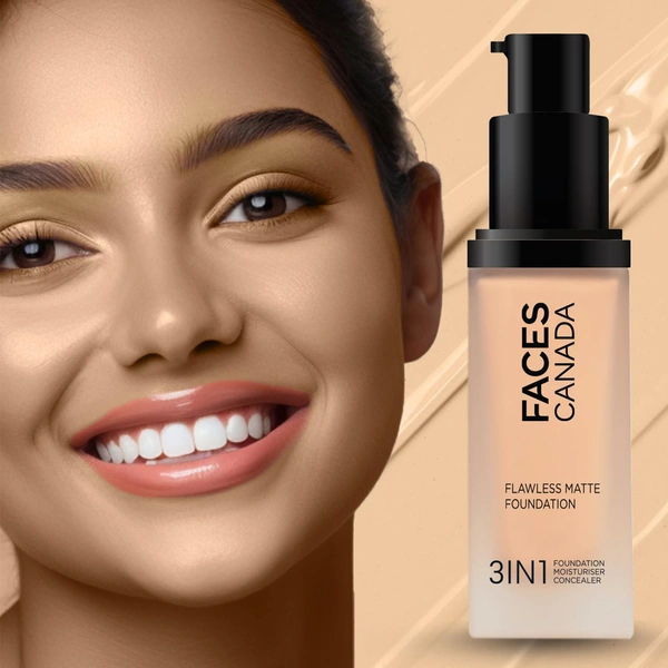 Faces Canada Flawless Matte Foundation Warm Natural 021 Shade 30ml | 3-in-1 Foundation, Moisturizer & Concealer | SPF 18 | 12Hr Hydration | HD Matte Coverage | Lightweight Anti-Ageing