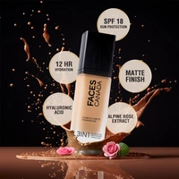 Faces Canada Flawless Matte Foundation Caramel Natural 023 Shade 30ml | 3-in-1 Foundation, Moisturizer & Concealer | SPF 18 | 12Hr Hydration | HD Matte Coverage | Lightweight Anti-Ageing