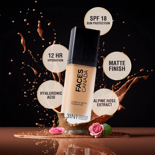 Faces Canada Flawless Matte Foundation Caramel Natural 023 Shade 30ml | 3-in-1 Foundation, Moisturizer & Concealer | SPF 18 | 12Hr Hydration | HD Matte Coverage | Lightweight Anti-Ageing