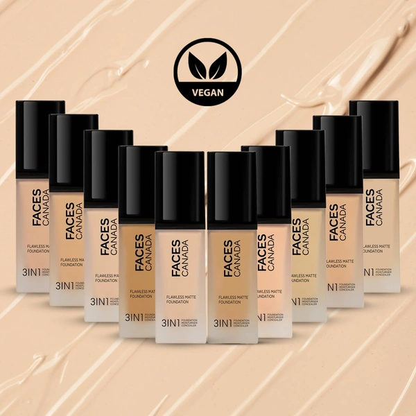 Faces Canada Flawless Matte Foundation Caramel Natural 023 Shade 30ml | 3-in-1 Foundation, Moisturizer & Concealer | SPF 18 | 12Hr Hydration | HD Matte Coverage | Lightweight Anti-Ageing