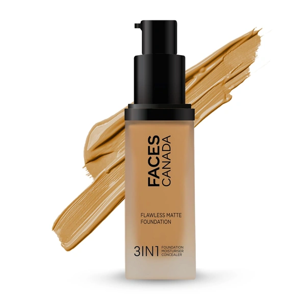 Faces Canada Flawless Matte Foundation Warm Sand 042 Shade 30ml | 3-in-1 Foundation, Moisturizer & Concealer | SPF 18 | 12Hr Hydration | HD Matte Coverage | Lightweight Anti-Ageing