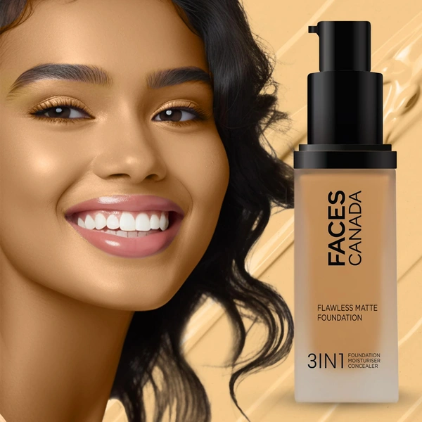 Faces Canada Flawless Matte Foundation Warm Sand 042 Shade 30ml | 3-in-1 Foundation, Moisturizer & Concealer | SPF 18 | 12Hr Hydration | HD Matte Coverage | Lightweight Anti-Ageing