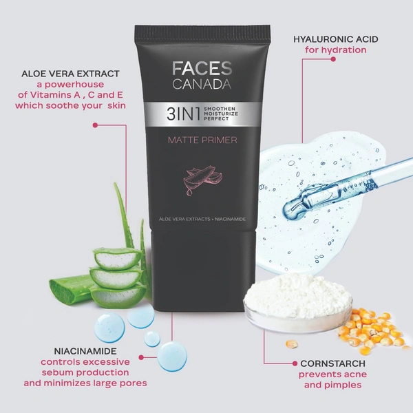Faces Canada Matte Primer 30g | Oil-Free Matte Finish | Lightweight Gel Face Primer | Smoothens & Moisturizes Skin | With Niacinamide, Hyaluronic Acid & Vitamins | No Alcohol & Parabens
