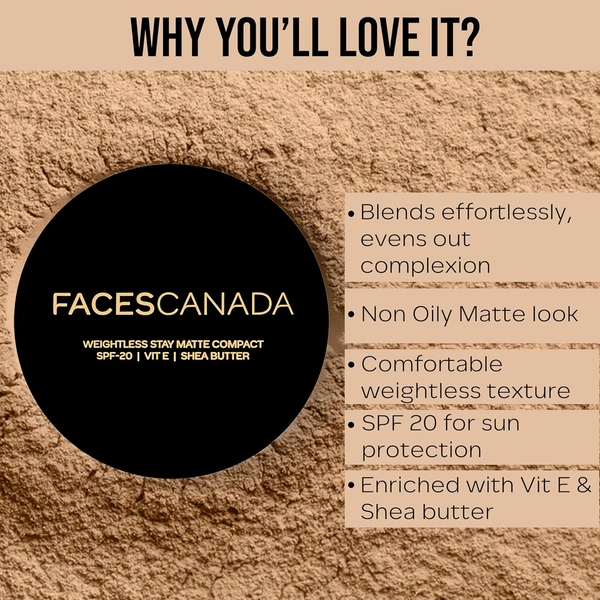Faces Canada Weightless Stay Matte Finish Compact Powder 9g Natural Almond Shade | Non-Oily Matte Look | Evens Skin Tone | Hides Imperfections | Smooth Blend | All Skin Types
