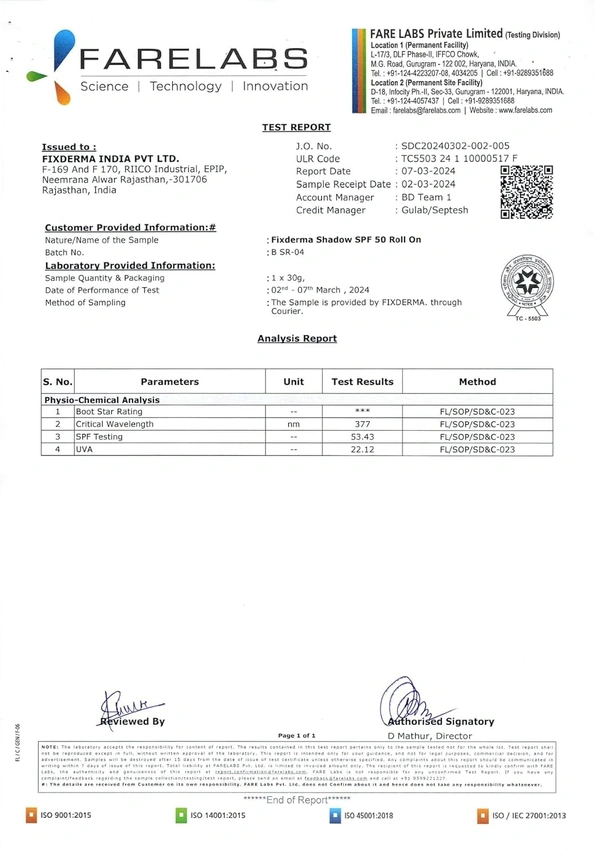 Fixderma Shadow Sunscreen SPF 50 Roll On 30gm PA+++ | Transparent Lightweight Sunscreen | Broad Spectrum UVA & UVB Protection | Water Resistant | Safe for Sensitive Skin
