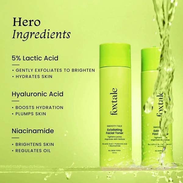 Foxtale Exfoliating Face Tone - 150ml | with 5% Lactic Acid + Hyaluronic Acid + Niacinamide | Tighter Pores | Controls Oil & Brightens Skin | Alcohol Free Toner | Brighten & Hydrating | For All Skin Types