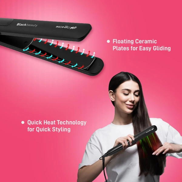 Ikonic Black Beauty Hair Straightener for Women | Ceramic Coated Floating Plates | Instant Heat Up, Handle Lock | Super Slim, Lightweight & Travel Friendly