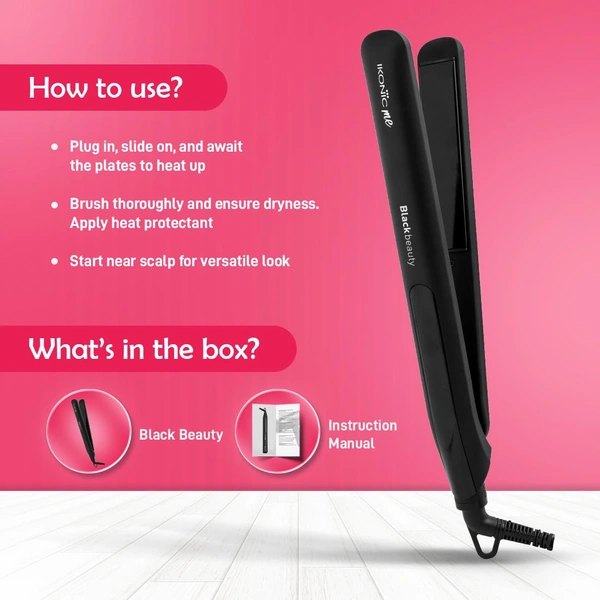Ikonic Black Beauty Hair Straightener for Women | Ceramic Coated Floating Plates | Instant Heat Up, Handle Lock | Super Slim, Lightweight & Travel Friendly