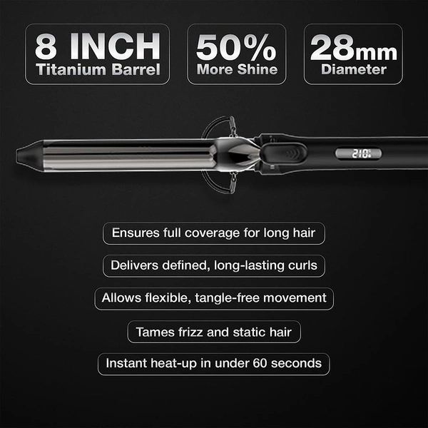 Ikonic Hair Curler Machine Tong 28mm | 8 Inch Black Titanium Barrel | Heat Ready Indicator, Rubber Grip, Safety Stand & Swivel Cord | Salon-Like Finish