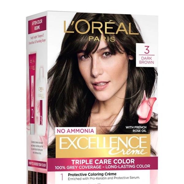 Loreal Paris Excellence Creme 03 Dark Brown | 72ml+100g | Triple Care Hair Color | 100% Grey Coverage | Long Lasting Color | Permanent Hair Color for Shiny, Healthy Hair | Natural Dark Brown Hair Dye