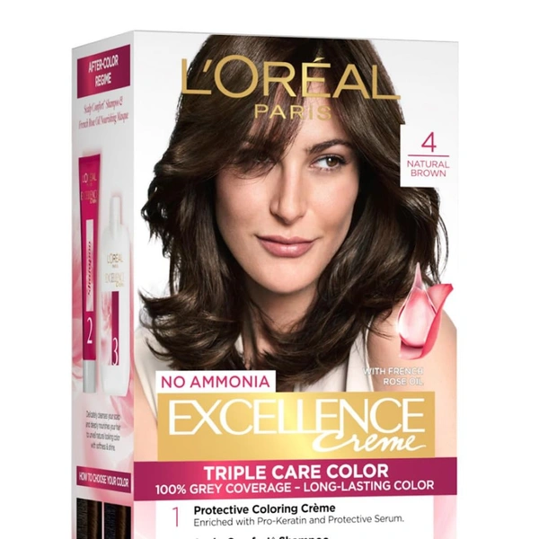 Loreal Paris Excellence Creme 04 Natural Brown 72ml+100g | Triple Care Hair Color | 100% Grey Coverage | Long Lasting Color | Permanent Hair Color for Shiny, Healthy Hair | Natural Brown Hair Dye