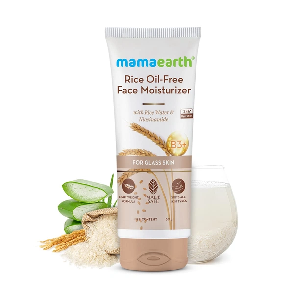 Mamaearth Rice Oil-Free Face Moisturizer 80g | with Rice Water & Niacinamide | for Glass Skin | 24-Hour Hydration | Lightweight Formula | Brightens Skin Tone | Non-Greasy | Paraben-Free | Oil-Free Skin | for All Skin Types