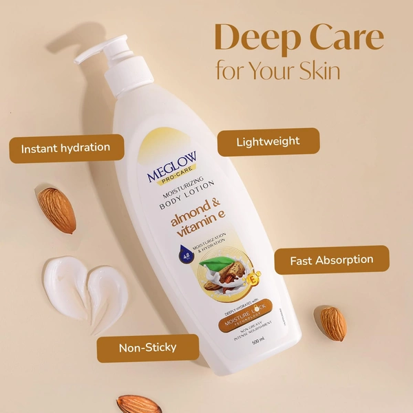 Meglow Pro-Care Moisturizing Body Lotion 500ml For Women & Men | Almond & Vitamin E Enriched | Deep Hydration for Nourished, Smooth Skin