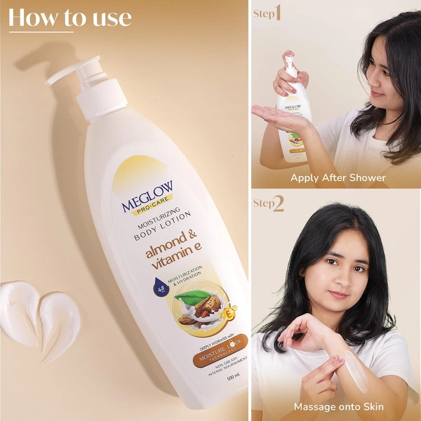 Meglow Pro-Care Moisturizing Body Lotion 500ml For Women & Men | Almond & Vitamin E Enriched | Deep Hydration for Nourished, Smooth Skin