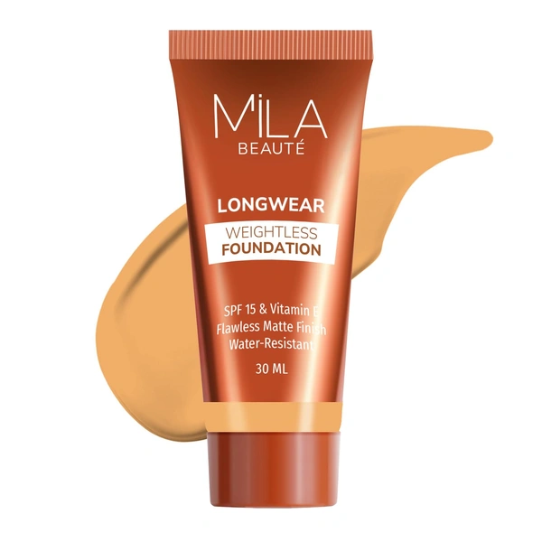 Mila Beaute Longwear Weightless Foundation (302 Soft Tan), 30ml | Full Coverage & Lightweight | Hydrating & Matte Finish | Long-Lasting & SPF 15 Protection