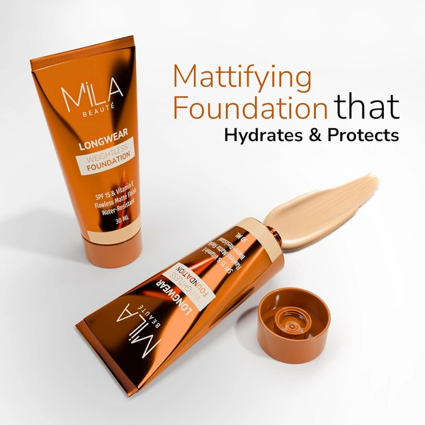 Mila Beaute Longwear Weightless Foundation (301 Sand Buff), 30ml | Full Coverage & Lightweight | Hydrating & Matte Finish | Long-Lasting & SPF 15 Protection