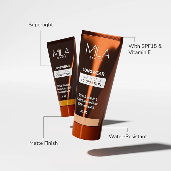 Mila Beaute Longwear Weightless Foundation (301 Sand Buff), 30ml | Full Coverage & Lightweight | Hydrating & Matte Finish | Long-Lasting & SPF 15 Protection