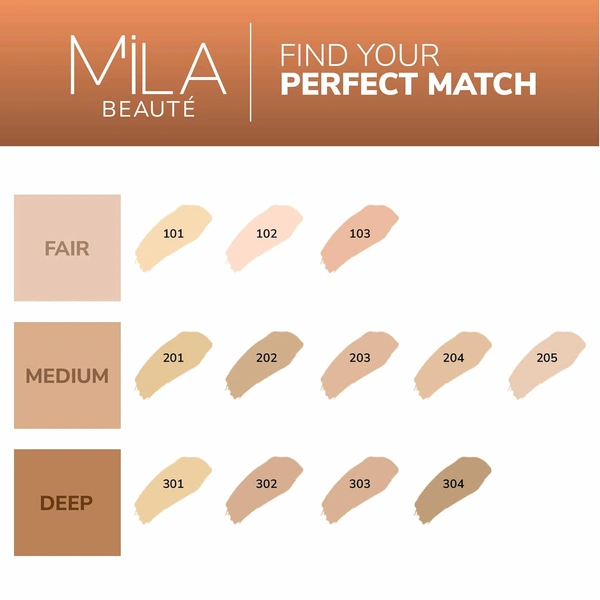 Mila Beaute Longwear Weightless Foundation (301 Sand Buff), 30ml | Full Coverage & Lightweight | Hydrating & Matte Finish | Long-Lasting & SPF 15 Protection