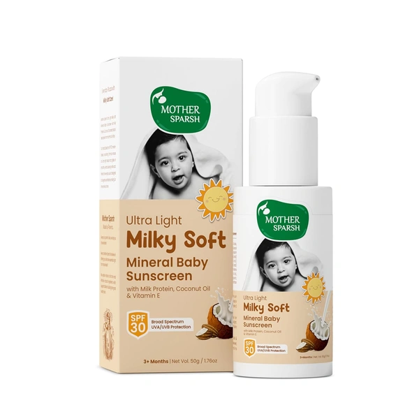 Mother Sparsh Milky Mineral Baby Sunscreen 50g| Ultra-Light Sunscreen Lotion with SPF 30, Broad Spectrum UVA/UVB Protection | Baby Lotion with Milk Protein, Coconut Oil & Vitamin E