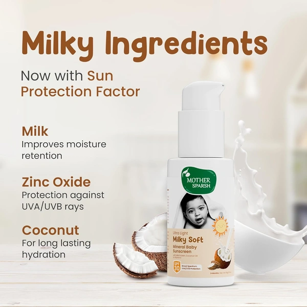 Mother Sparsh Milky Mineral Baby Sunscreen 50g| Ultra-Light Sunscreen Lotion with SPF 30, Broad Spectrum UVA/UVB Protection | Baby Lotion with Milk Protein, Coconut Oil & Vitamin E