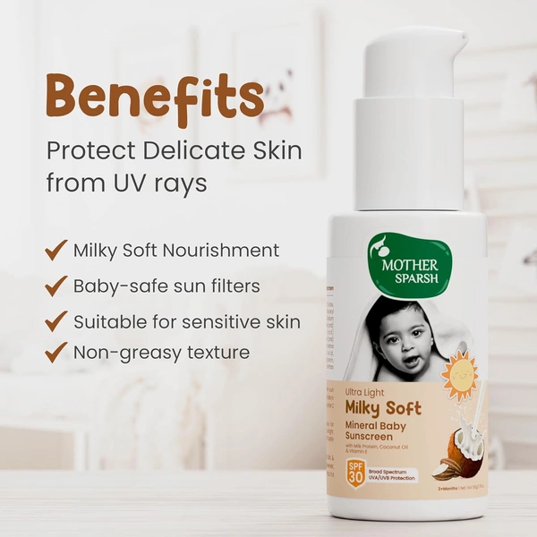 Mother Sparsh Milky Mineral Baby Sunscreen 50g| Ultra-Light Sunscreen Lotion with SPF 30, Broad Spectrum UVA/UVB Protection | Baby Lotion with Milk Protein, Coconut Oil & Vitamin E