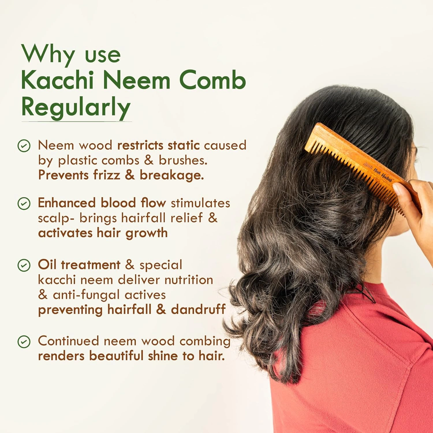 Nat Habit Kacchi Neem Wooden Comb, Soaked In 17 Herbs, Oil Treated