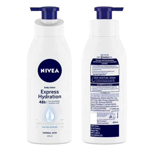 Nivea Express Hydration Body Lotion 400ml | 48-Hour Moisturization for Summer | Enriched with Sea Minerals & Deep Moisture Serum | Non-Greasy Formula for Healthy-Looking Skin | Suitable for All Skin Types
