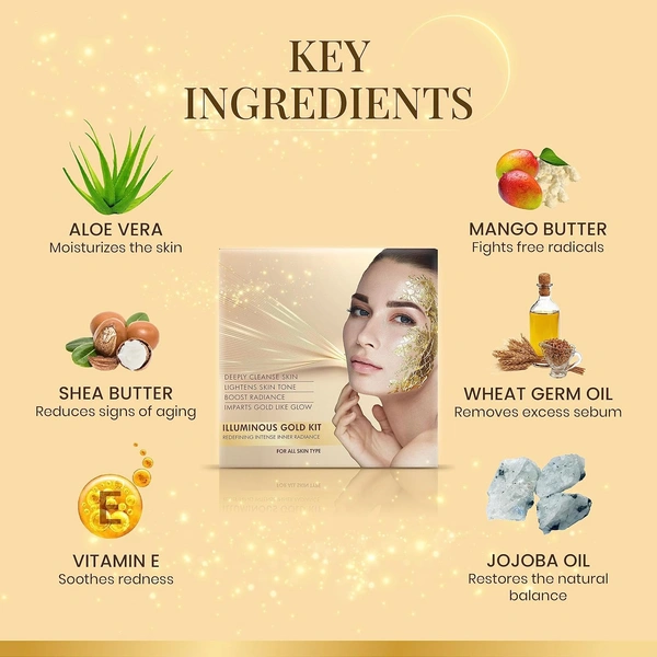 Ozone Beauty Ozone Illuminous Gold Facial Kit |60g (Single Use)| Organic 6-Step Facial for Radiant Golden Glow | For All Skin Types | Men & Women