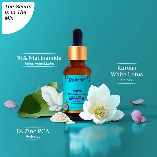 Pilgrim 10% Niacinamide Face Serum - 30ml | For Acne Marks | With 1% Zinck PCA Korean White Lotus | Fades Blemishes & Dark Spots | Controls Oil & Hydrates | Even Skin Tones | Acne Control Serum | Pore-Minimizing | For All Skin Types