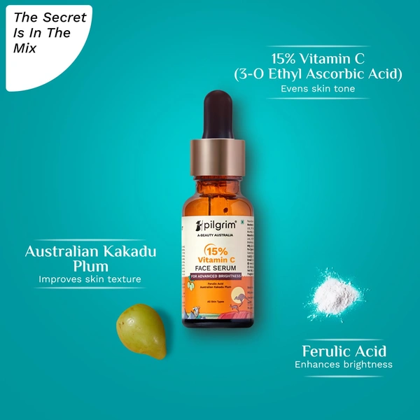 Pilgrim 15% Vitamin C Face Serum - 20ml | With Ferulic Acid & Kakadu Plum | For Advanced Brightness | Reduces Dark Spots & Evens Skin Tone | Glowing & Bright Skin | Fragrance Free | For All Skin Types