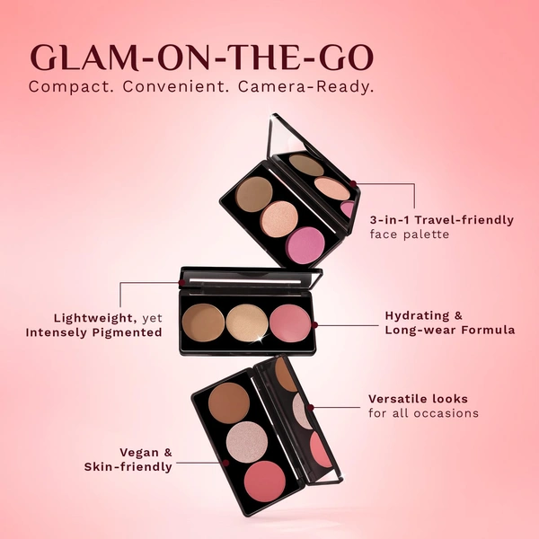 Pilgrim 3-in-1 Face Palette 12g Bold Charme - 03| Blush, Highlighter & Contour Makeup Kit | Highly Pigmented, Long-Lasting | Perfect for All Skin Tones |